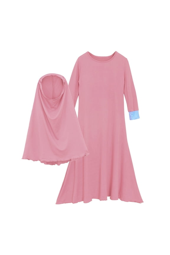 Toddler Girls Casual Solid Color Full Length Abaya with Hijab Outfits, Sizes 3-4T