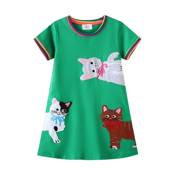 Kiijoy Toddler Girls Cat Embroidery Short Sleeve T-Shirt Dress Summer Casual A Line Dress