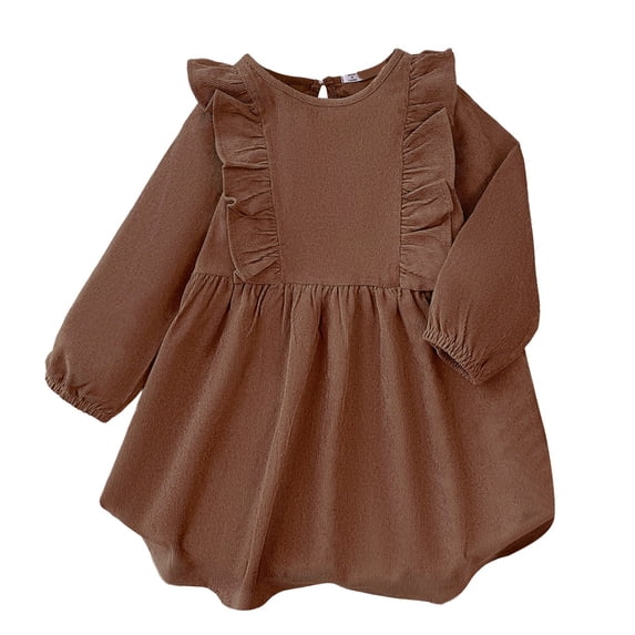 Kiijoy Toddler Girls Corduroy Ruffle Long Sleeve Dress Fall Casual Skater Dress, Brown