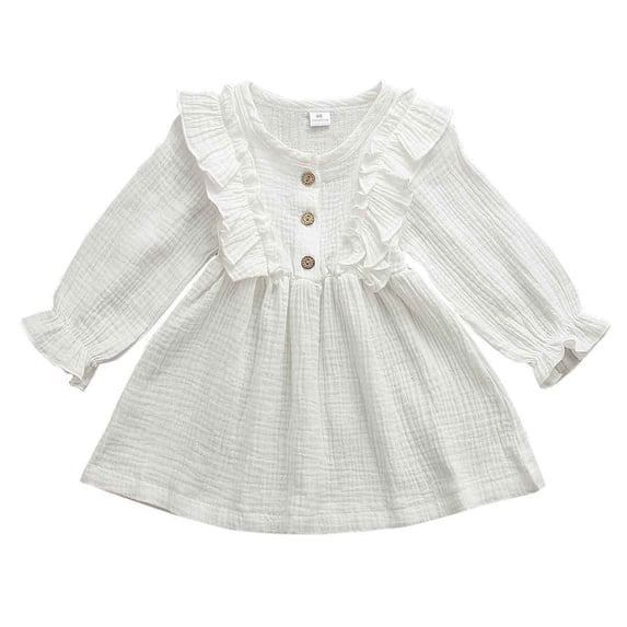 Kiijoy Toddler Girls Cotton Ruffle Long Sleeve Dress Casual Solid Skater Dresses, White