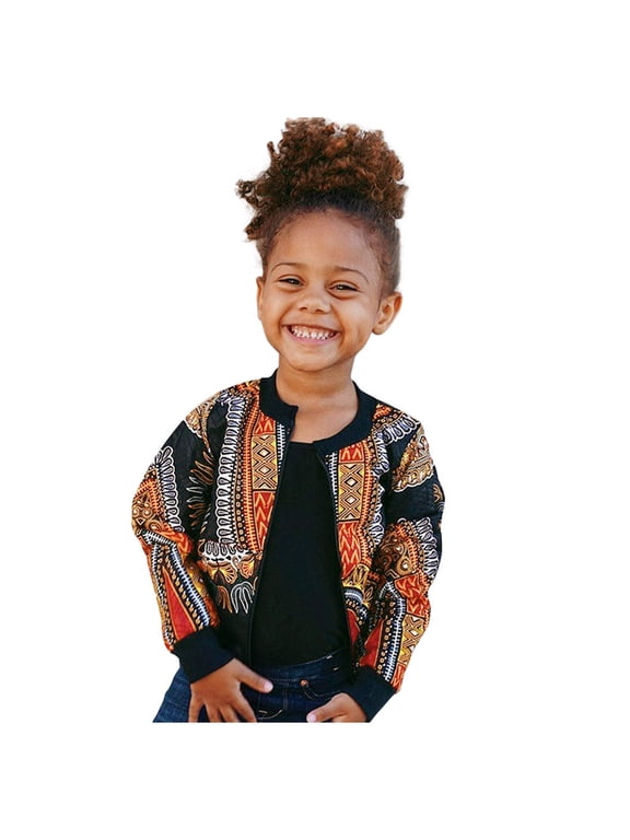 Toddler Girls Dashiki Ankara Bomber Jacket Africa Ethnic Style Zipper Coat, Black, 2-3 Years