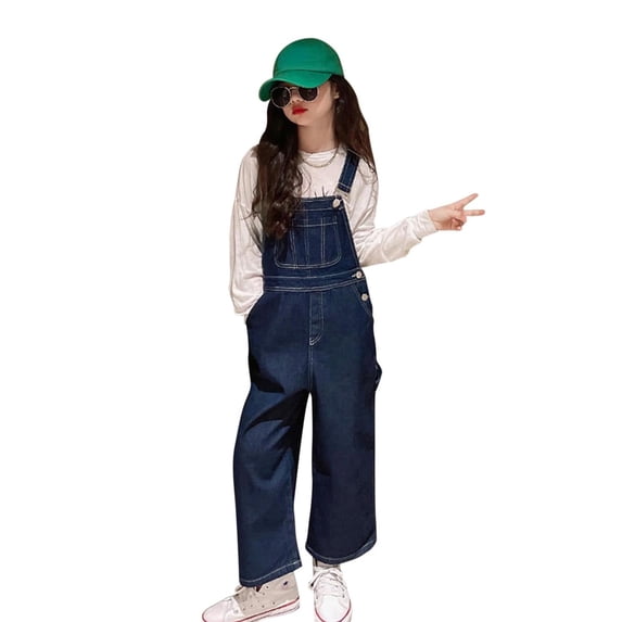 Kiijoy Toddler Girls Denim Overalls Loose Adjustable Strap Jumpsuit Dungarees, Sizes 4-12
