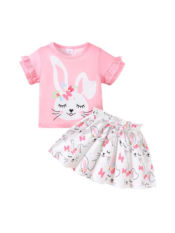 Toddler Girls Easter Outfits Cute Ruffle Short Sleeve T-Shirt Skirt Set, Sizes 3-4T