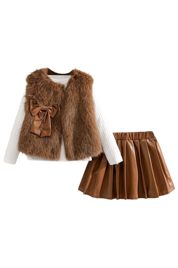 Toddler Girls Elegant Outfits Vest Ribbed Pullover Top Pu Leather Pleated Skirt Set
