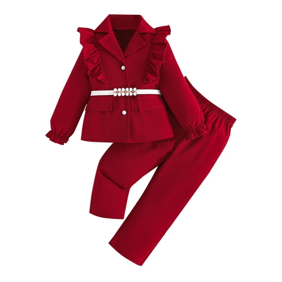 Kiijoy Toddler Girls Elegant Outfits Spring Belt Ruffled Jacket Trousers Suit, Sizes 2-3