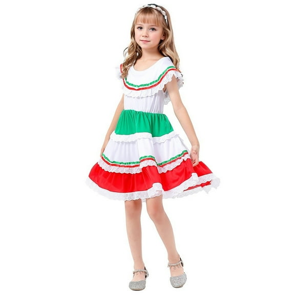 Kiijoy Toddler Girls Ethnic Mexican Style Casual Dress Short Sleeve Lace Tiered Dress, Sizes 3-12