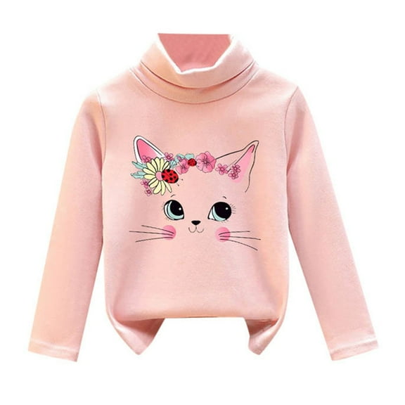 Kiijoy Toddler Girls Fleece High Neck Pullover Cartoon Cat Thermal T-Shirt, Sizes 3-4