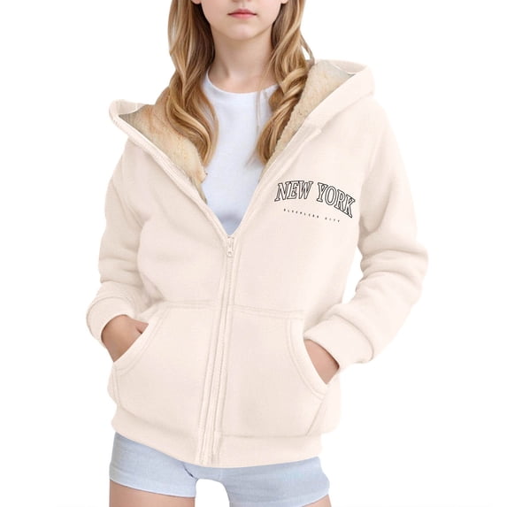 Kiijoy Toddler Girls Fleece Sherpa Lined Zip Up Hoodie Winter Hooded Jacket Outerwear, Beige, 4-5 Years