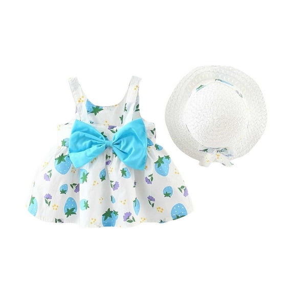 Kiijoy Toddler Girls Floral Bow Sleeveless Dress Summer Beach Party Princess Dress with Hat