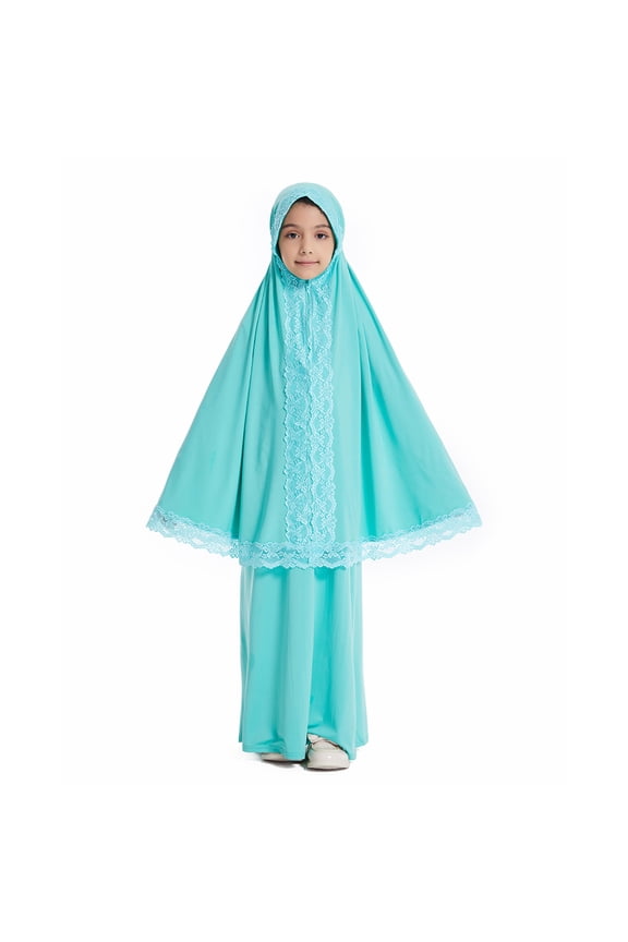 Toddler Girls Full Hijab Outfits Kids Abaya Solid Lace Robe Burka Set, Sizes 4-5