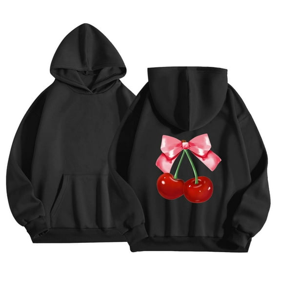 Kiijoy Toddler Girls Graphic Hoodies Cherry Bow Hooded Sweatshirt Long Sleeved Pullover