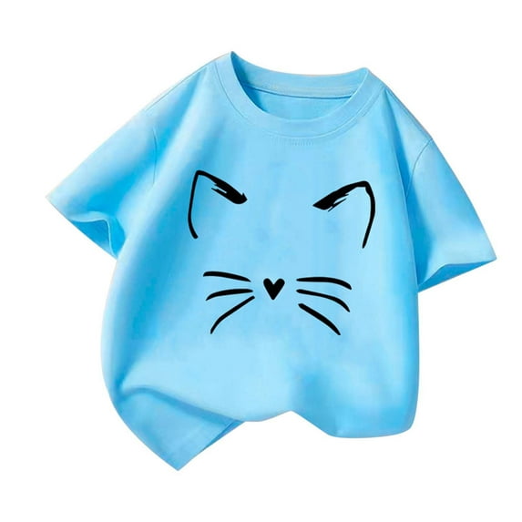 Kiijoy Toddler Girls Graphic Tee Cute Cat Print Short Sleeve T Shirt for Kids,Blue