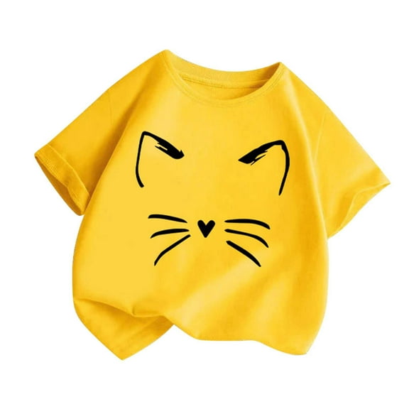 Kiijoy Big Girls Graphic Tee Cute Cat Print Short Sleeve T Shirt for Kids,Yellow