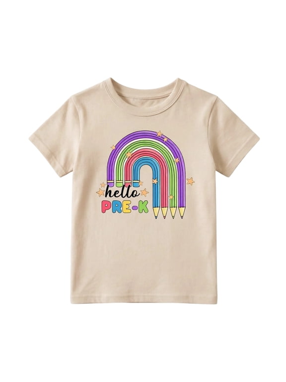 Toddler Girls Graphic Tees Back-To-School Short Sleeve Crew Neck T-Shirt, Beige, Sizes 2-3