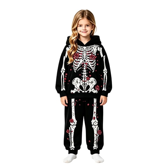 Kiijoy Toddler Girls Halloween Outfit Sets Skeleton Hoodie Sweatpants 2-Piece Sweatsuits