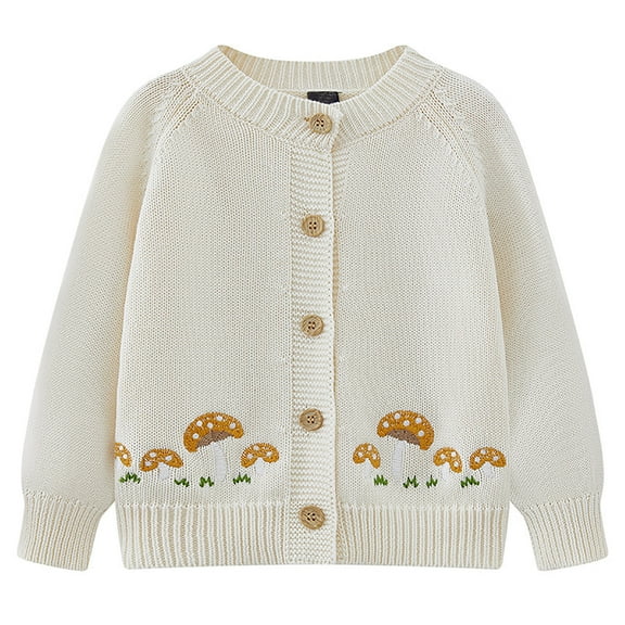 Kiijoy Toddler Girls Knit Cardigan Mushroom Embroidery Casual Sweater Jacket, Sizes 3-4