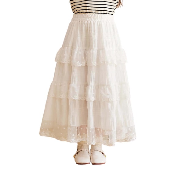 Kiijoy Toddler Girls Lace Ruffle Long Skirt High Waisted Flowy Tiered A Line Skirt, White