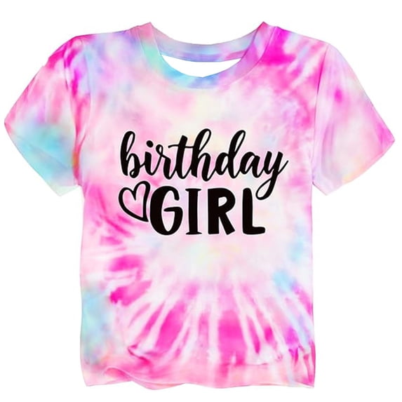 Kiijoy Toddler Girls Letter Print Tie Dyed T Shirt Short Sleeve Birthday T-Shirt, Sizes 1-2