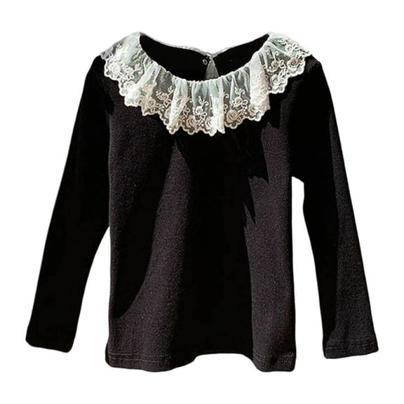 Kiijoy Toddler Girls Long Sleeve Blouse with Lace Trim Cute Casual T-Shirt, Sizes 4-5