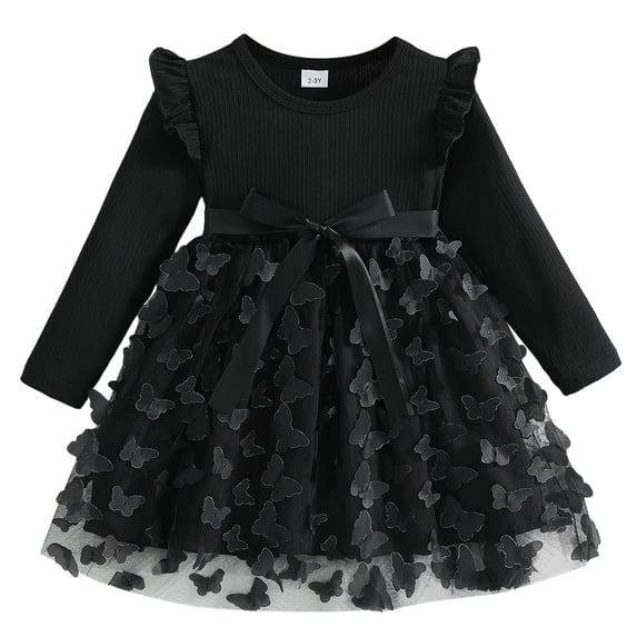 Kiijoy Toddler Girls Long Sleeve Bowknot Tutu Dress Fall Casual Ruffle Mesh Dress, Black