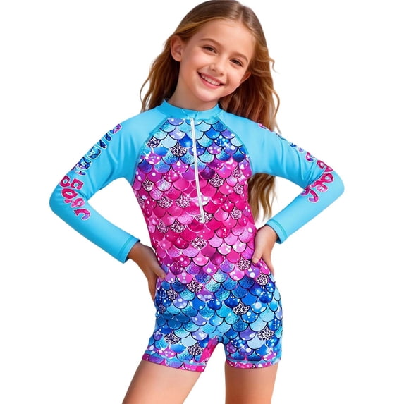 Kiijoy Toddler Girls Long Sleeve Rash Guard Swimsuit Scale Print Surfing Suit, 1 Piece, Sizes 3-4