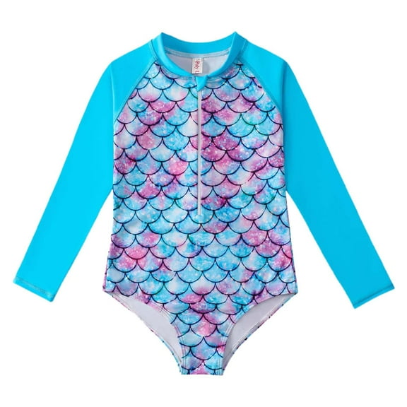 Kiijoy Toddler Girls One-Piece Swimsuit Long Sleeve Zip-Up Rash Guard, Sizes 4-5 T