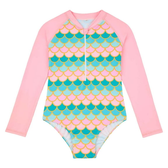 Kiijoy Toddler Girls One-Piece Swimsuit Long Sleeve Zip-Up Rash Guard, Sizes 4-5 T