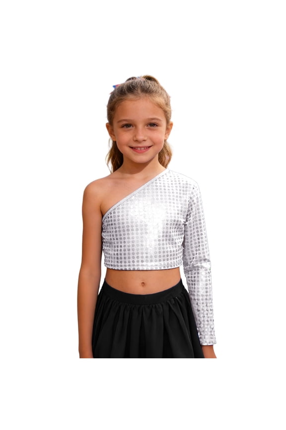 Toddler Girls One Shoulder Long Sleeve Crop Top Glitter Dance Stage T-Shirt, 2-3 Years