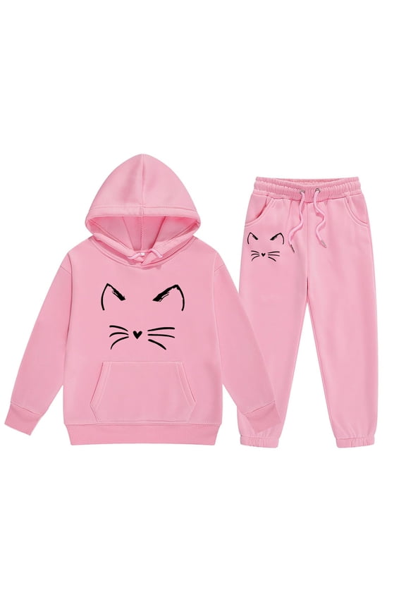 Toddler Girls Cartoon Cat Print Hoodie Sweatpants Outfits Sweatsuits, Sizes 2-3T