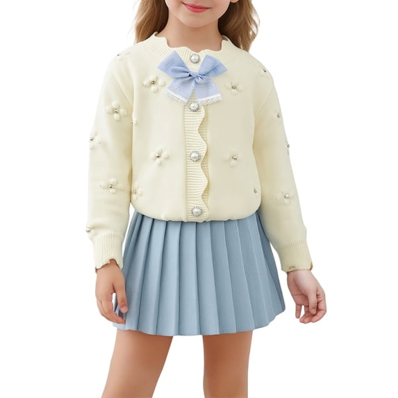 Kiijoy Toddler Girls Outfits Cute Bow Cardigan Sweater Pleated Skirt 2Pcs Set, Sizes 4-5T