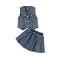 thumbnail image 1 of Kiijoy Toddler Girls Outfits Denim V Neck Button Down Vest Pull-On Pleated Skirt 2Pcs Set, 1 of 8