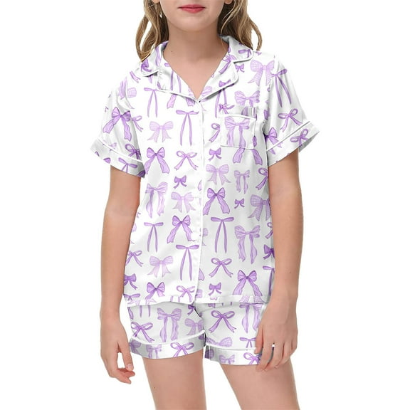 Kiijoy Toddler Girls Pajamas Bow Print Short Sleeve Top and Shorts Sleepwear Set, Sizes 2-13