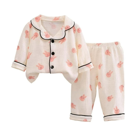 Kiijoy Toddler Girls Pajamas Bunny Print Long Sleeve Button Top and Pants Set, Sizes 2-3