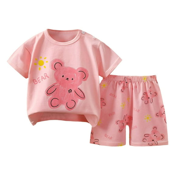 Kiijoy Toddler Girls Pajamas Cartoon Bear Print Short Sleeve T-Shirt Shorts Sleepwear, Sizes 2-3
