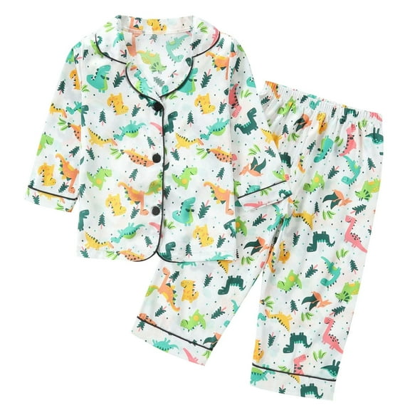 Kiijoy Toddler Girls Pajamas Dinosaur Long Sleeve Button Shirt Pants Sleepwear, Sizes 3-4