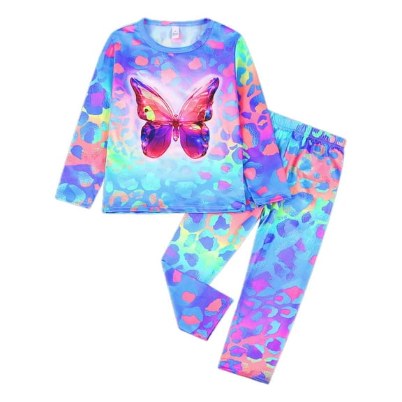 Kiijoy Toddler Girls Pajamas Glow In The Dark Butterfly Print Long Sleeve Top Pants Set, Sizes 3-4