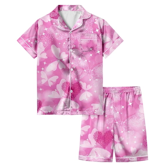 Kiijoy Toddler Girls Pajamas Hearts Print Short Sleeve Button Up Shirt Shorts Sleepwear
