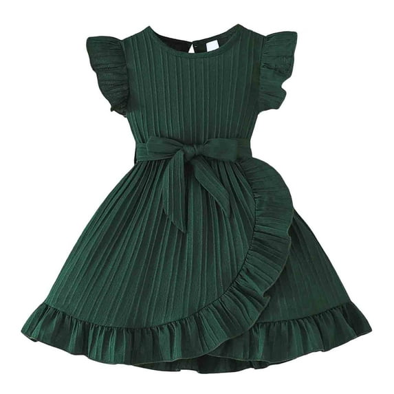 Kiijoy Toddler Girls Pleated Ruffled Dress Solid Color Casual Dress with Flutter Sleeves