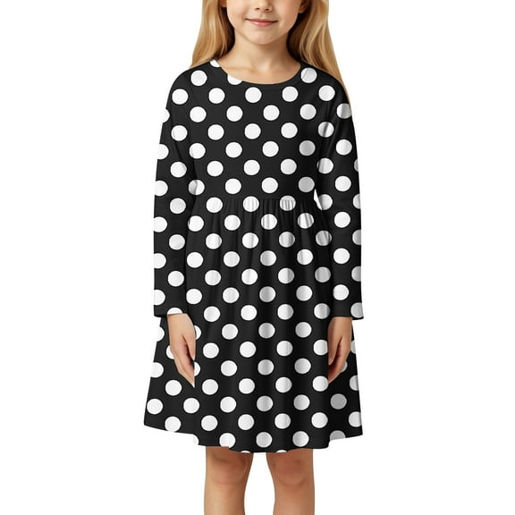 Kiijoy Toddler Girls Polka Dots Print Long Sleeve Dress Casual Crew Neck T-Shirt Dress, Sizes 3-11