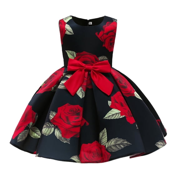 Kiijoy Toddler Girls Rose Print Bow Party Dress Bow Wedding Pageant Princess Dress, D