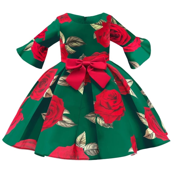 Kiijoy Toddler Girls Rose Print Bow Party Dress Bow Wedding Pageant Princess Dress, Green
