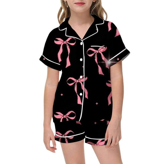 Kiijoy Toddler Girls Satin Pajama Sets Bow Print Short Sleeve Button Top Shorts Sleepwear