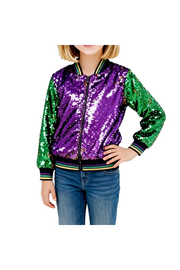 Toddler Girls Shiny Sequins Jacket Color Block Zip Up Bomber Jacket, Sizes 3-4