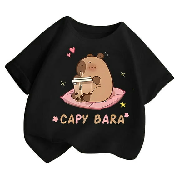 Kiijoy Toddler Girls Short Sleeve T-Shirt Cartoon Capybara Casual T Shirt, Sizes 2-4