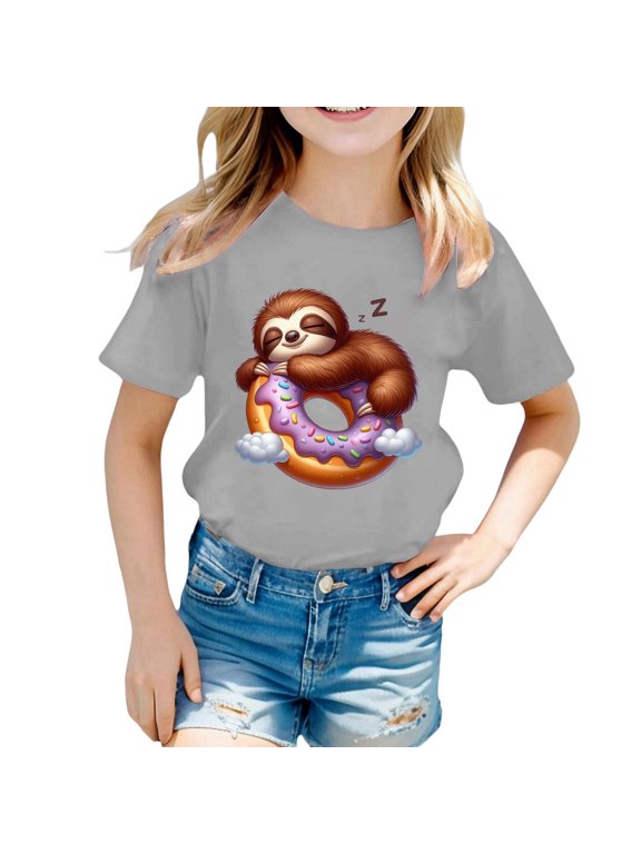 Toddler Girls Short Sleeve T Shirt Cartoon Sloth Print Soft T-Shirt, Sizes 3-4
