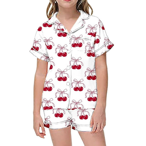 Kiijoy Toddler Girls Short Sleeve Top and Shorts Pajama Set Cherry Print Loungewear Pj's Set