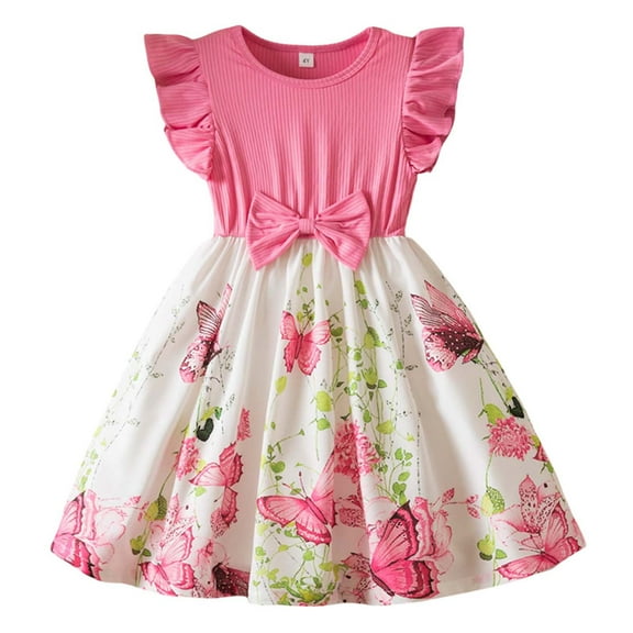 Kiijoy Toddler Girls Sleeveless Butterfly Print Bow Dress Summer Soft Ribbed Casual Dress