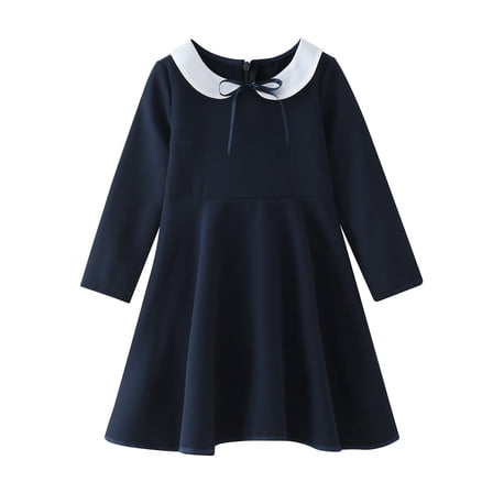 Kiijoy Toddler Girls Solid Long Sleeve Midi Dress Preppy Style Knee-Length Polo Dress