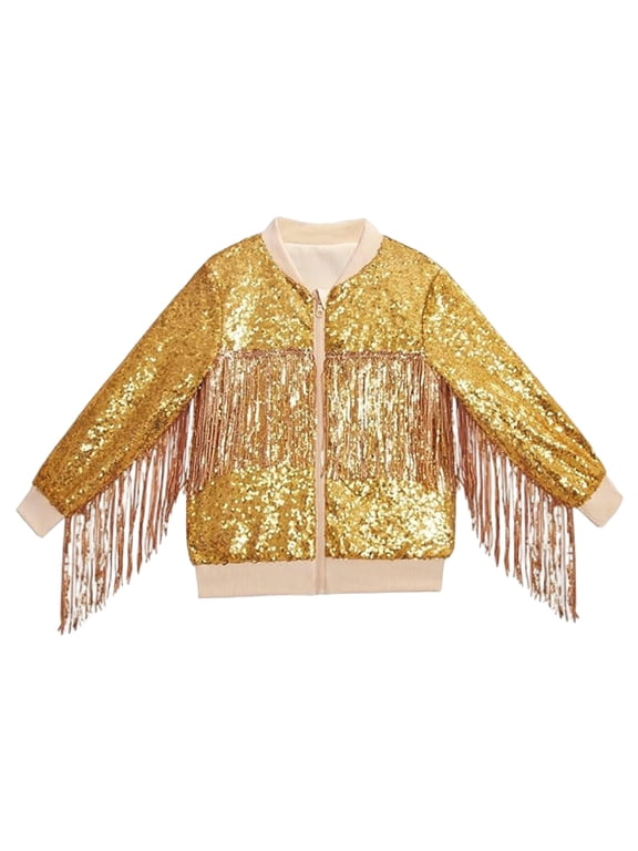 Toddler Girls Sparkly Fringe Sequin Jacket Shiny Zip Up Party Coat, Sizes 1-2
