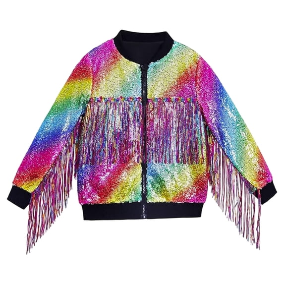 Kiijoy Toddler Girls Sparkly Fringe Sequin Jacket Shiny Zip Up Party Coat, Sizes 3-4